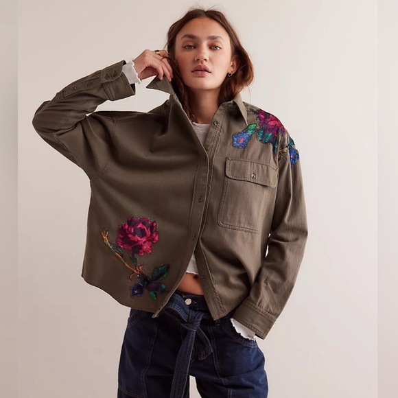 Free People Tops - Free People We The Free Velvet Roses Shirt Army Floral Combo NWT Size L